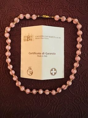Murano Pink Glass Bead Necklace with Gold Accents